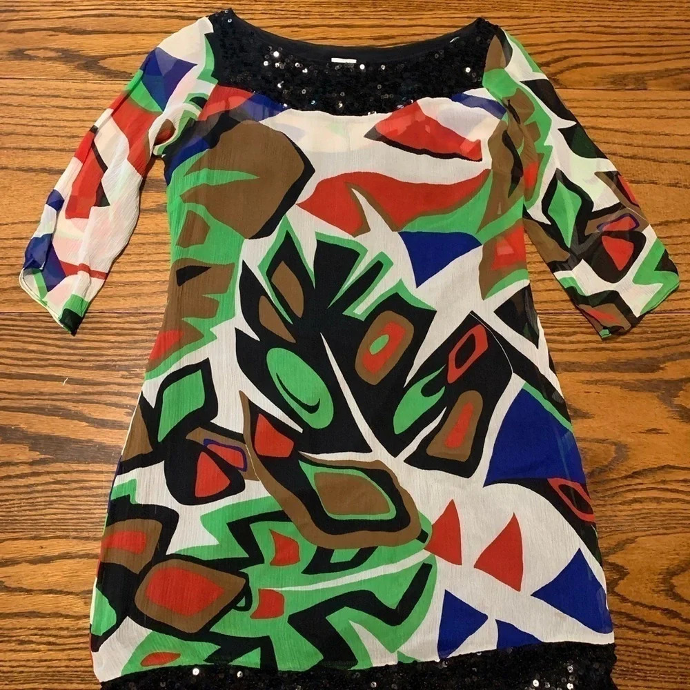 Cache mod print semi sheer silk dress sz small - Picture 6 of 8